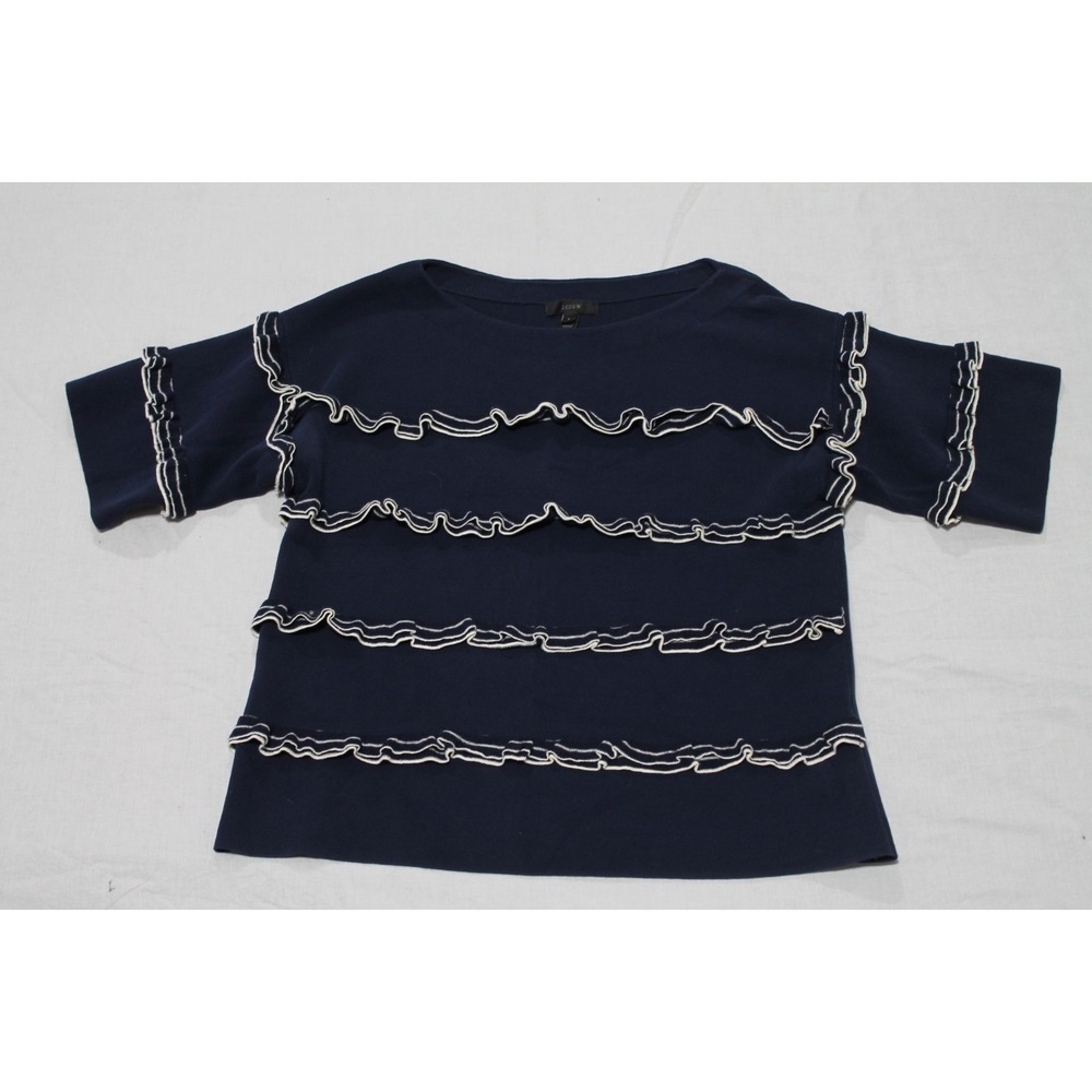 J. Crew Ruffle Knit Short Sleeve Top Sweater navy Blue White Small